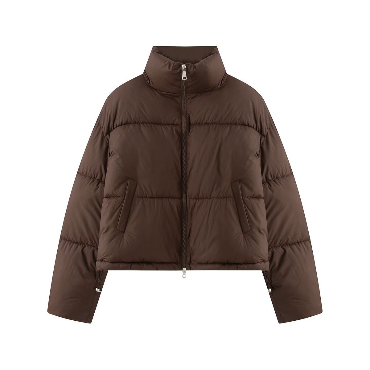 Women's Cropped Oversize Puffer Jacket with High Stand Collar and Two-Way Zipper Fashion Glam