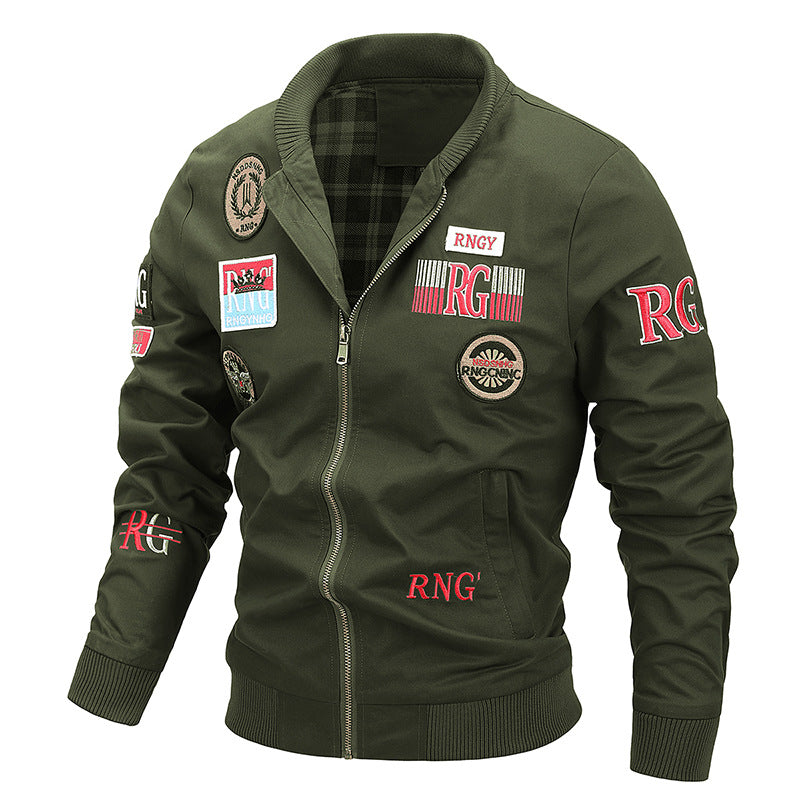 Men's Canvas Bomber Jacket with Vintage Patch Details and Ribbed Cuffs Fashion Glam