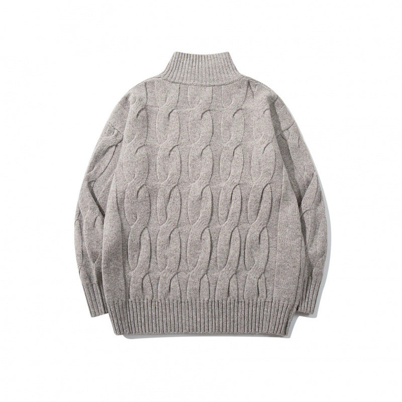 Unisex Chunky Knit Zip-up Cardigan with Cable Pattern and High Ribbed Collar Fashion Glam