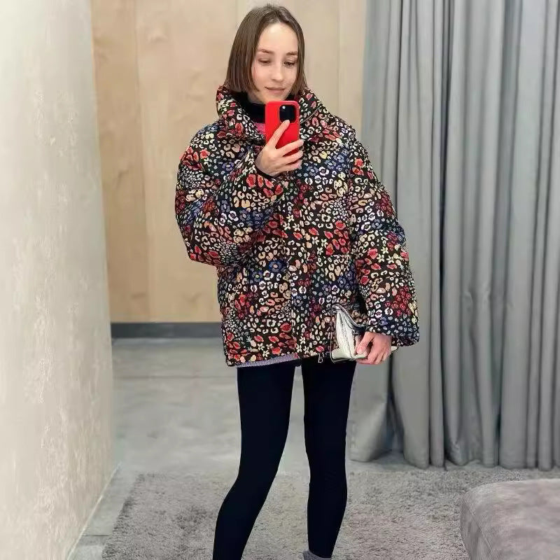 Women's Oversize Print Jacket with Stand-Up Collar and Hidden Button Placket Fashion Glam