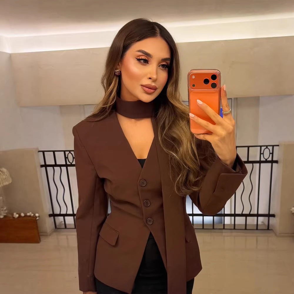 Women's Tailored V-Neck Blazer with Integrated Bow and Flap Pockets Fashion Glam