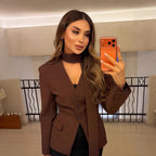 Women's Tailored V-Neck Blazer with Integrated Bow and Flap Pockets Fashion Glam
