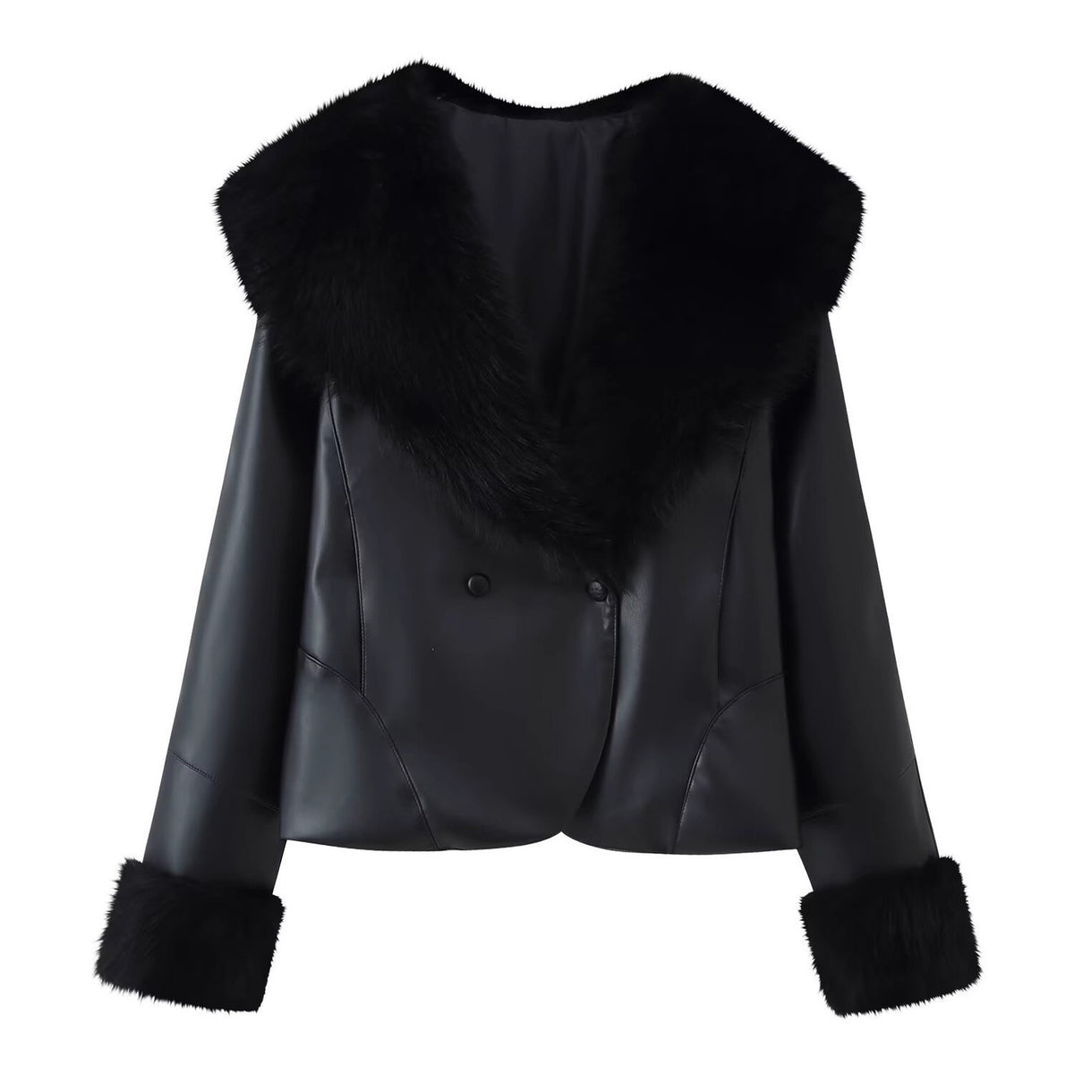 Women's short jacket made of synthetic leather with voluminous faux fur collar and fur cuffs Fashion Glam