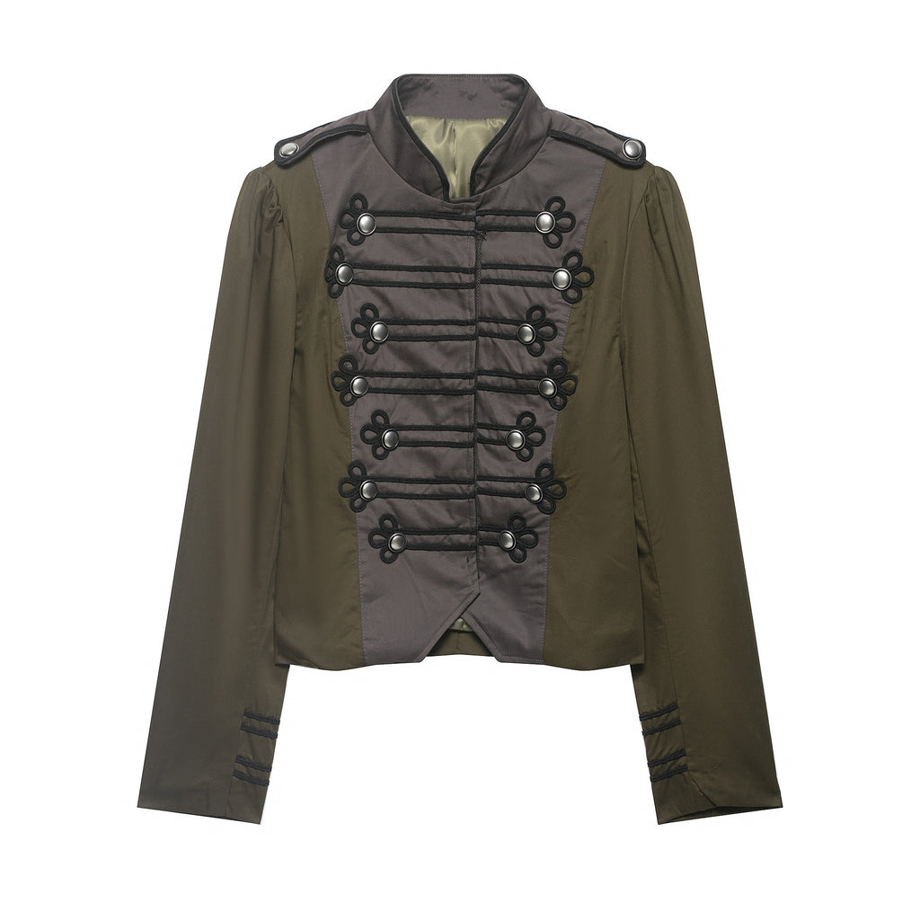 Ladies short jacket in military style with stand-up collar, decorative frog and epaulettes Fashion Glam