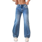 Women High-Waisted Relaxed Wide-Leg Denim Jeans with Frayed Pocket Edge Fashion Glam