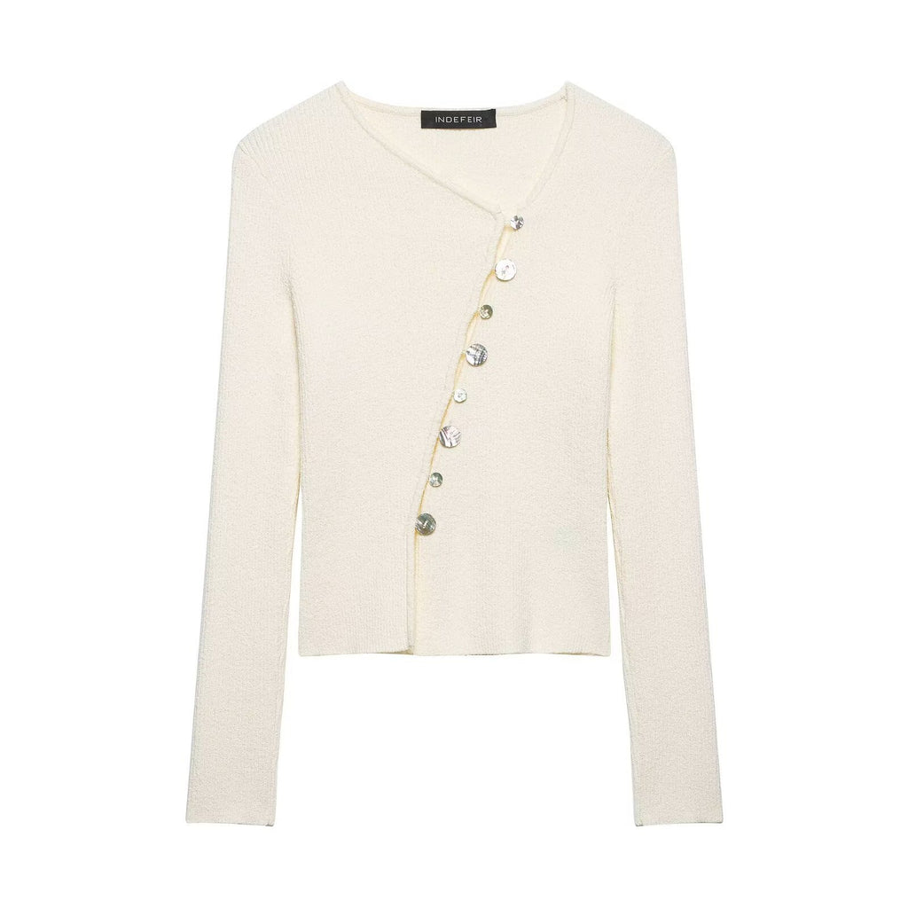 Women Asymmetrical Boucle Cardigan with V-Neck and Decorative Button Placket Fashion Glam