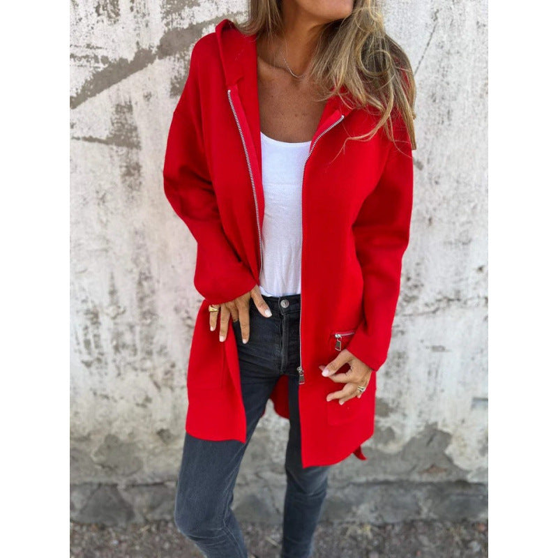 Women's Mid-Length Coat with Full Zipper and Zipper Pocket Details Fashion Glam