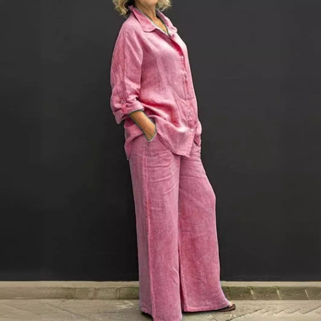 Women's Relaxed-Buttondown-Shirt and High-Waist-Palazzo in Linen Look Fashion Glam