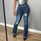 Women's Shaping High-Waist Bootcut Jeans with Triple Button Placket and Subtle Destroyed Look Fashion Glam