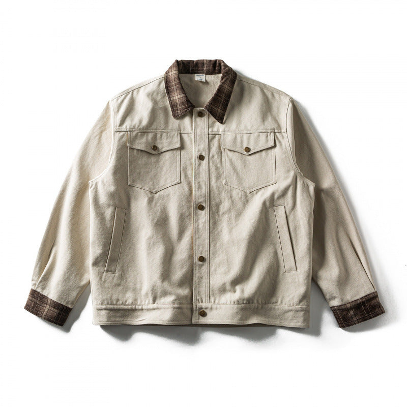 Men's Oversize Trucker Jacket made of Canvas with Contrast Check Collar and Patch Chest Pockets Fashion Glam