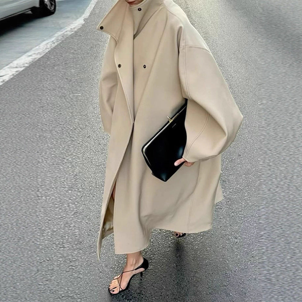 Women's Oversize Cocoon Coat with High Stand-Up Collar and Concealed Button Placket Fashion Glam
