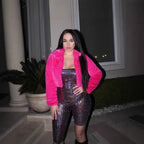 Women Cropped Faux Fur Blouson with tailored cut, stand-up collar and soft teddy finish Fashion Glam
