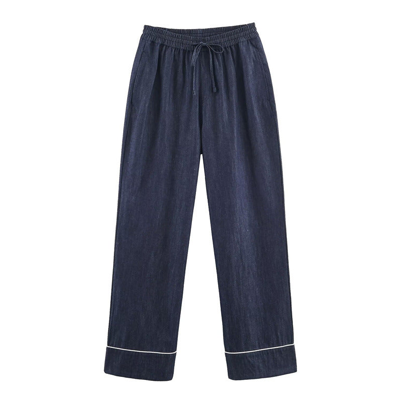 Women's Loose Fit Denim Pants with Elastic Waistband and Drawstring Fashion Glam