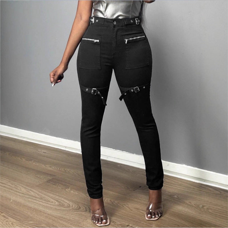 Women High-Waist Skinny Jeans with decorative zippers, patch pockets and belt decor Fashion Glam