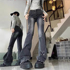 Ladies High-Waisted Flared Jeans with Butterfly Embroidery, Raw Hem and Sculpting Stretch Waistband Fashion Glam