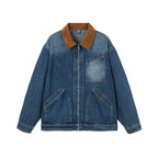 Men's Oversized Denim Jacket with Cord Collar and Diagonal Chest Pocket Detail Fashion Glam