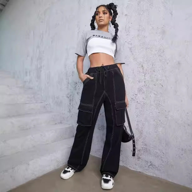 Women’s utilitarian denim cargo pants with contrast stitching and drawstring Fashion Glam