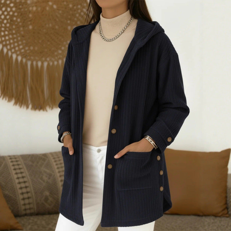 Women's Long Hooded Knitted Cardigan with Ribbed Texture, Button Placket and Side Pockets Fashion Glam