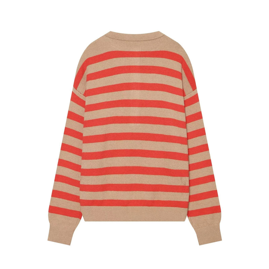 Women's Striped Knitted Sweater with Henley Button Placket Fashion Glam