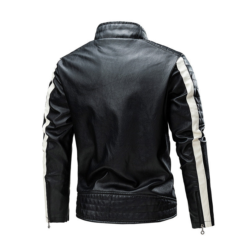 Men's biker leather jacket in colorblock design with padded shoulder section and stand-up collar Fashion Glam