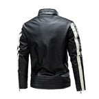 Men's biker leather jacket in colorblock design with padded shoulder section and stand-up collar Fashion Glam