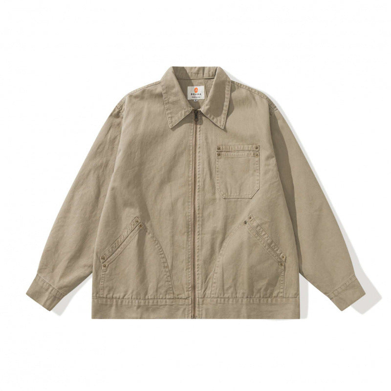 Unisex Boxy Canvas Worker Jacket with Front Zip and Stud Applications Fashion Glam