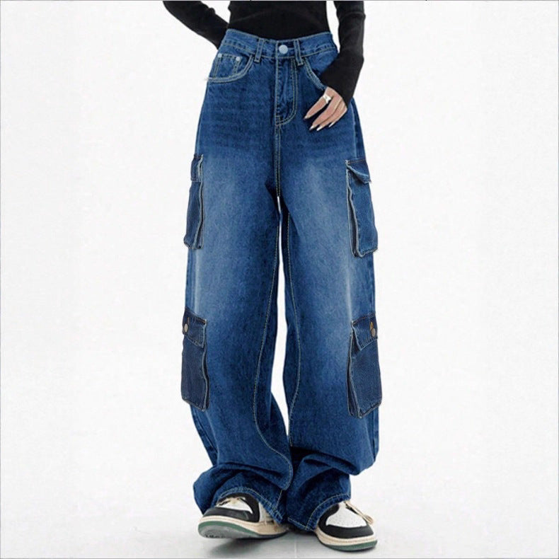 Ladies Loose High-Waist Cargo Jeans in Baggy Cut with Multiple Pockets Fashion Glam