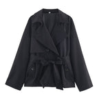 Ladies Cropped Trench Coat with Shawl Collar, Tie Belt and Flap Pockets Fashion Glam