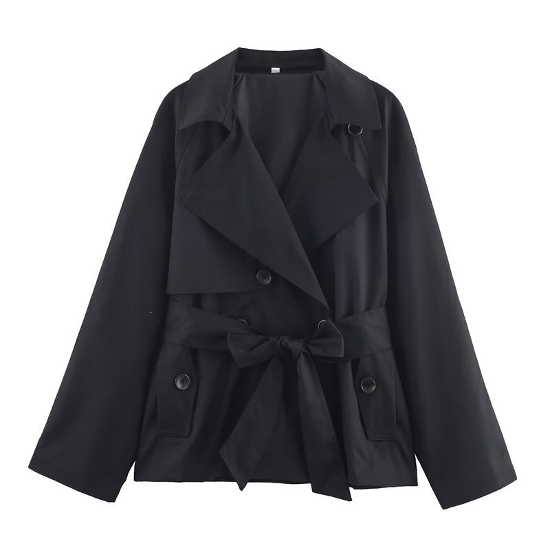 Ladies Cropped Trench Coat with Shawl Collar, Tie Belt and Flap Pockets Fashion Glam