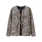 Women's Lightweight Leopard Print Cardigan Jacket with Bow Closures and Patch Pockets Fashion Glam