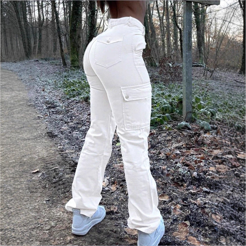 Women’s high-waisted cargo jeans with flared hem and functional flap pockets Fashion Glam