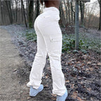 Women’s high-waisted cargo jeans with flared hem and functional flap pockets Fashion Glam