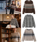 Women Oversize Mohair-Mix Sweater with Round Neck and Fair Isle Pattern Fashion Glam
