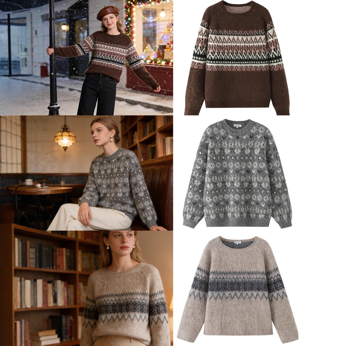 Women Oversize Mohair-Mix Sweater with Round Neck and Fair Isle Pattern Fashion Glam