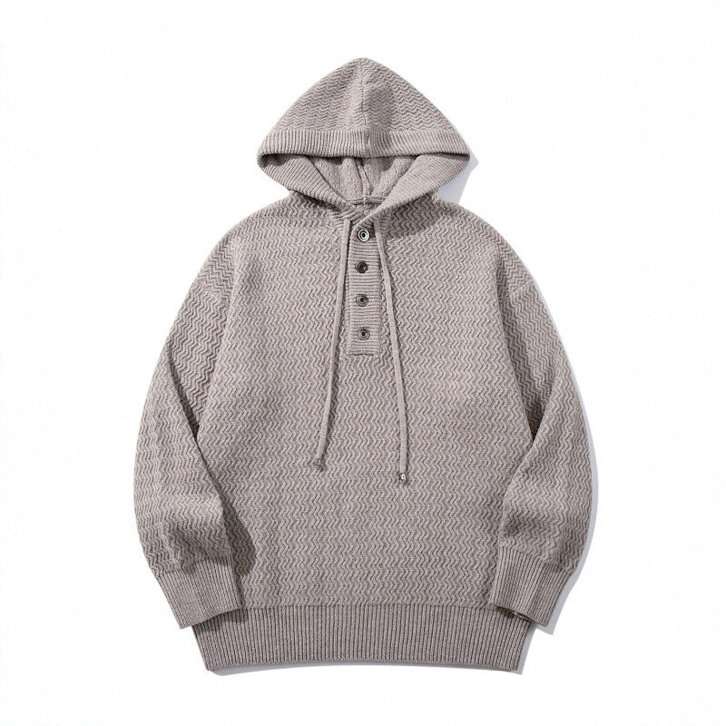 Unisex structured knit hoodie with half placket and drawstring hood Fashion Glam
