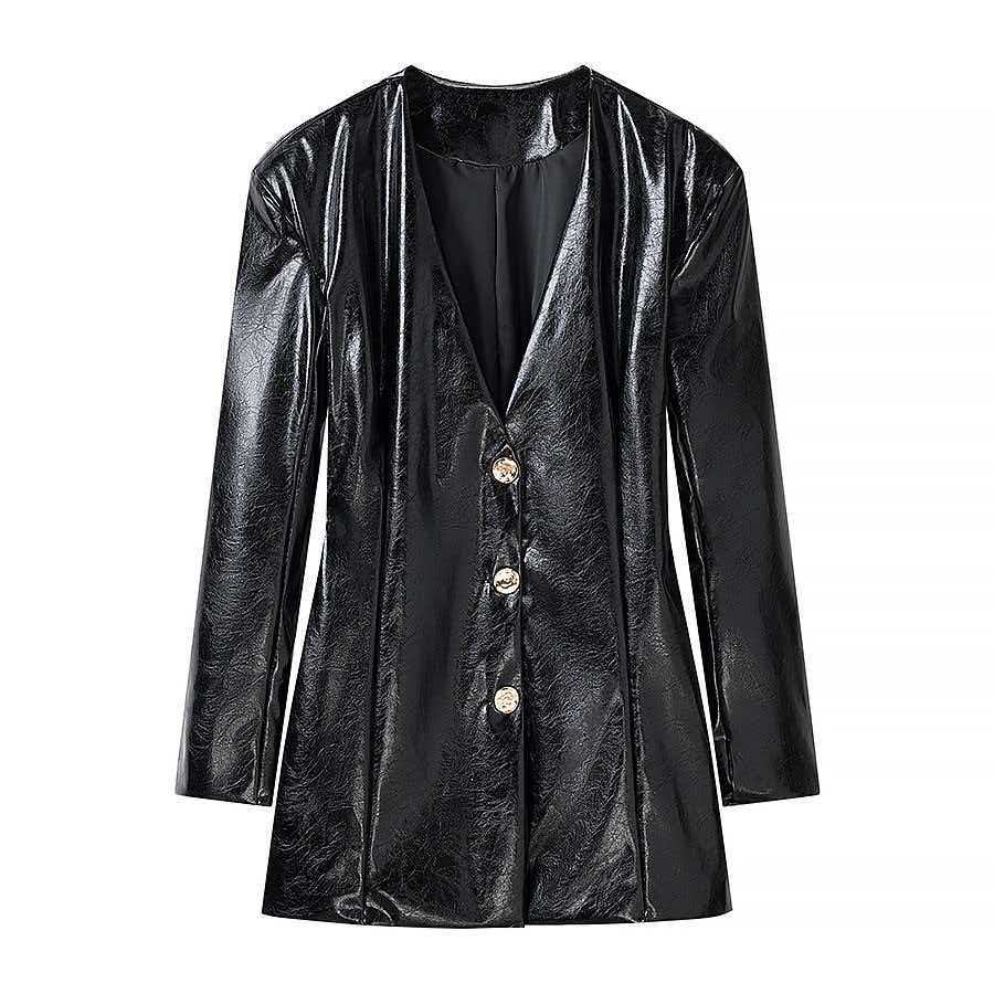 Ladies Long Patent Leather Blazer with Tailored Silhouette, Deep V-Neck and Decorative Buttons Fashion Glam