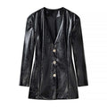 Ladies Long Patent Leather Blazer with Tailored Silhouette, Deep V-Neck and Decorative Buttons Fashion Glam