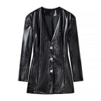 Ladies Long Patent Leather Blazer with Tailored Silhouette, Deep V-Neck and Decorative Buttons Fashion Glam