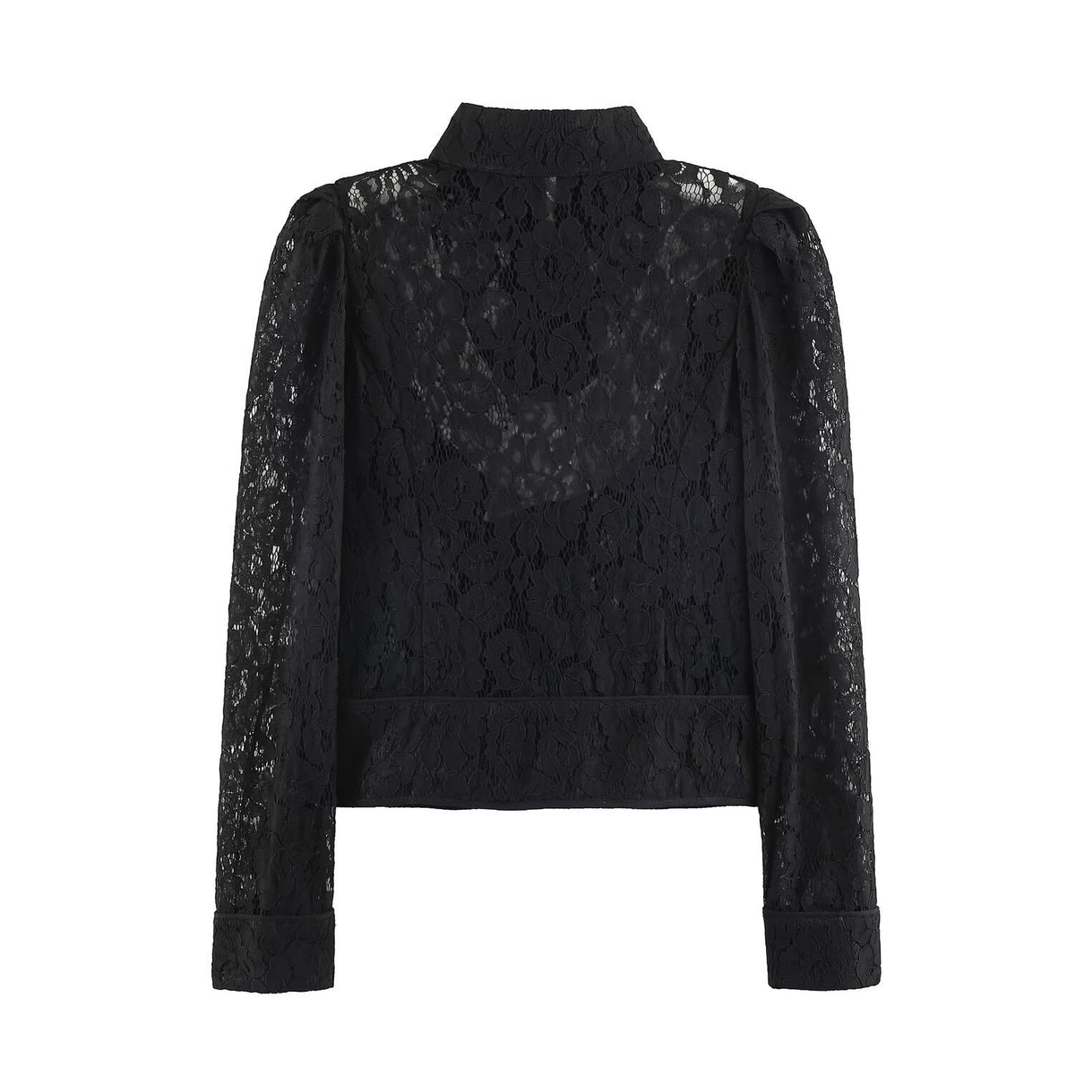 Ladies short-cut transparent lace blouse with stand-up collar, fabric button placket and gathered puff sleeves Fashion Glam