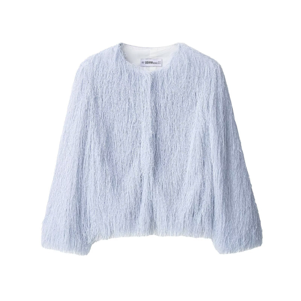 Women's Fluffy Fringe Jacket with Round Neckline and Boxy Cut Fashion Glam