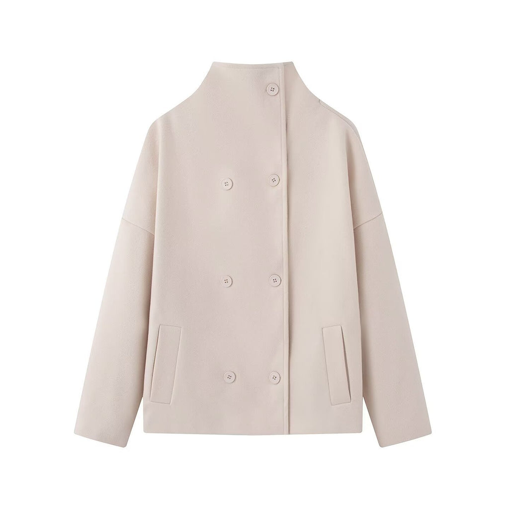 Women Short Cut Double Breasted Wool Blend Cocoon Coat with Stand-up Collar Fashion Glam