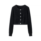 Women's Short Plush Cardigan with Sparkling Heart Buttons and Round Neck Fashion Glam