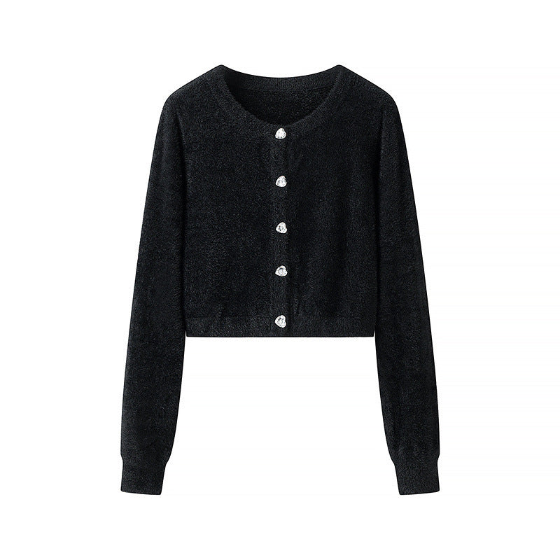 Women's Short Plush Cardigan with Sparkling Heart Buttons and Round Neck Fashion Glam