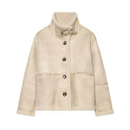 Ladies short jacket in lambskin look with stand-up collar, button and buckle closure Fashion Glam