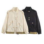Women's lightweight utility jacket with drawstring waist gathering, stand-up collar, and flap pockets Fashion Glam