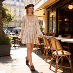 Women's Lightweight V-Neck Midi Dress with Check Pattern, Tailored Godet Skirt and Crinkle Structure Fashion Glam