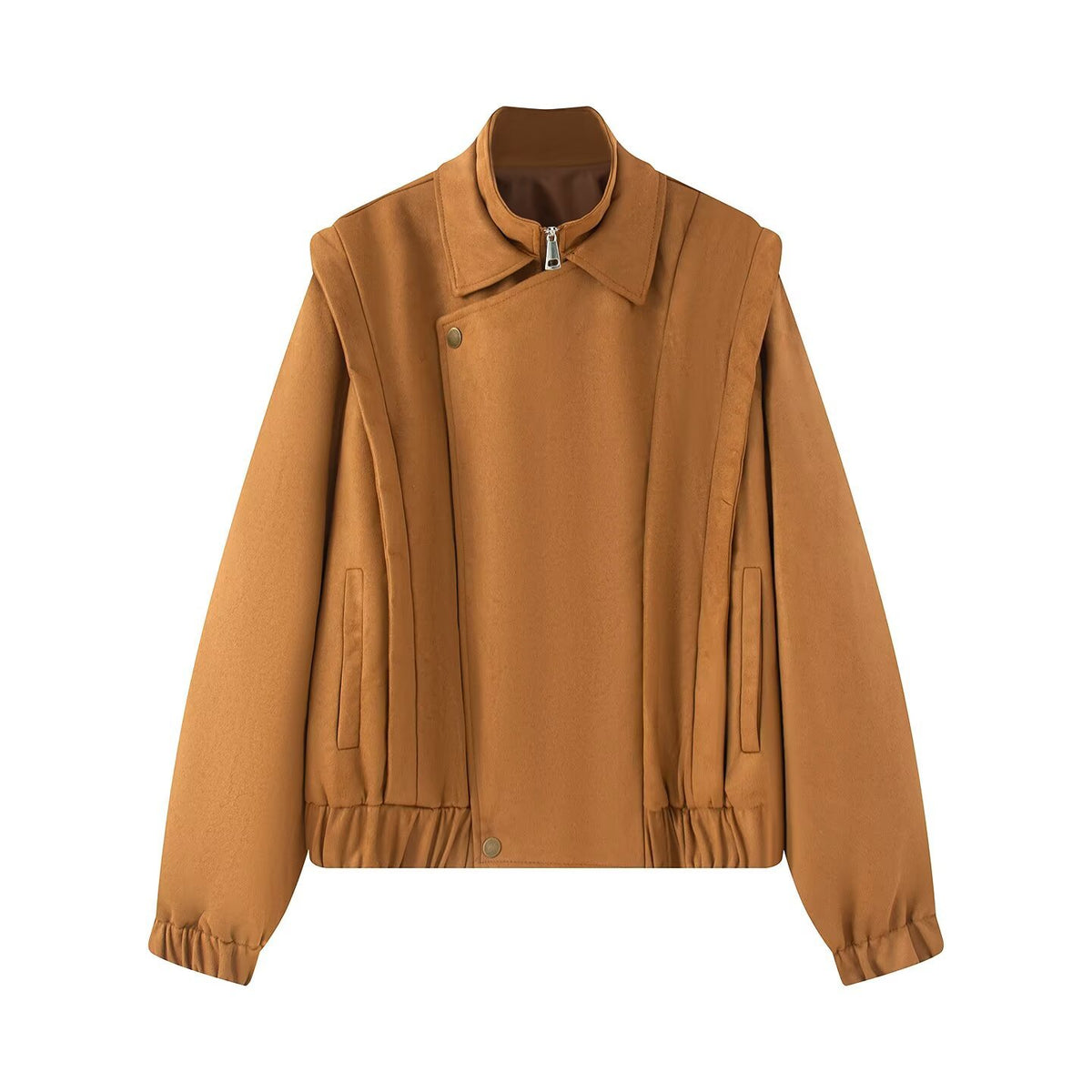 Women's short bomber-style jacket with stand-up collar and asymmetrical snap button placket Fashion Glam