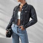 Women's cropped fitted denim jacket with raw fringe hem and flap pockets Fashion Glam
