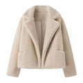 Women's Short Teddy Fleece Jacket with Lapel Collar and Side Pockets Fashion Glam