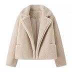 Women's Short Teddy Fleece Jacket with Lapel Collar and Side Pockets Fashion Glam
